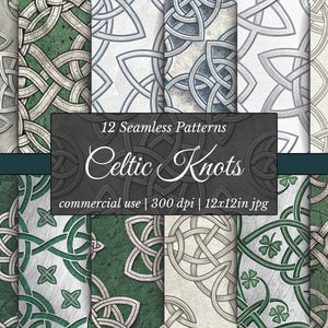 Op de afbeelding: Twaalf naadloze patronen met Keltische knoopontwerpen in verschillende kleuren, waaronder groen, grijs en wit. De afbeelding bevat de tekst "12 Seamless Patterns Celtic Knots" en "commercial use | 300 dpi | 12x12in jpg."