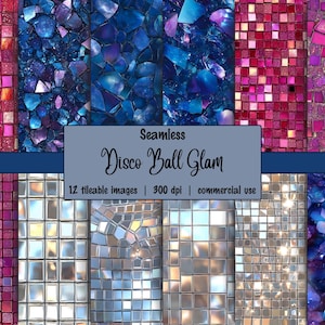 Puede incluir: Un paquete de papel digital con 12 patrones sin costuras con un tema de glamour de bola de discoteca. Los patrones incluyen mosaicos de azulejos rosas y azules, azulejos de espejo plateados y vidrio roto azul y morado.