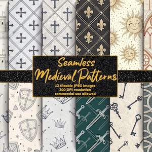 Collection de motifs médiévaux en téléchargement numérique château couronne épée bouclier fleur de lys gothique vintage sans couture design d'arrière-plan pour l'artisanat