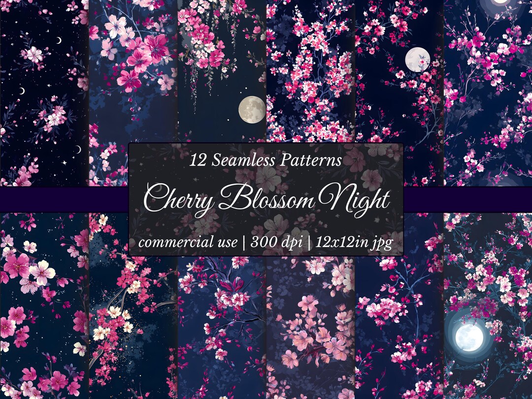 Cherry Blossom Night Sky Seamless Patterns: Floral Moon & Stars (JPG ...