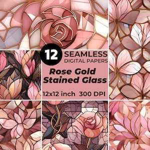 Op de afbeelding: Twaalf naadloze digitale papieren met een roosgoudkleurig glas-in-loodontwerp. De patronen omvatten rozen, bladeren en abstracte vormen.