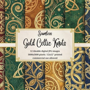May include: Twelve digital seamless patterns featuring gold Celtic knot designs on various colored backgrounds. The patterns are 3600x3600 pixels and can be printed at 12x12 inches. Commercial use is allowed.