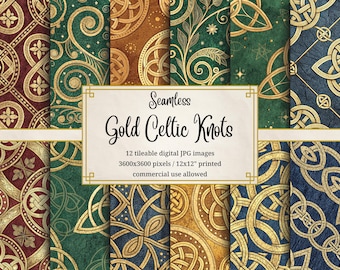 Celtic Knot Seamless Patterns Digital Download | Gold Triquetra Interwoven Design | Irish Medieval Background | Scrapbook Paper