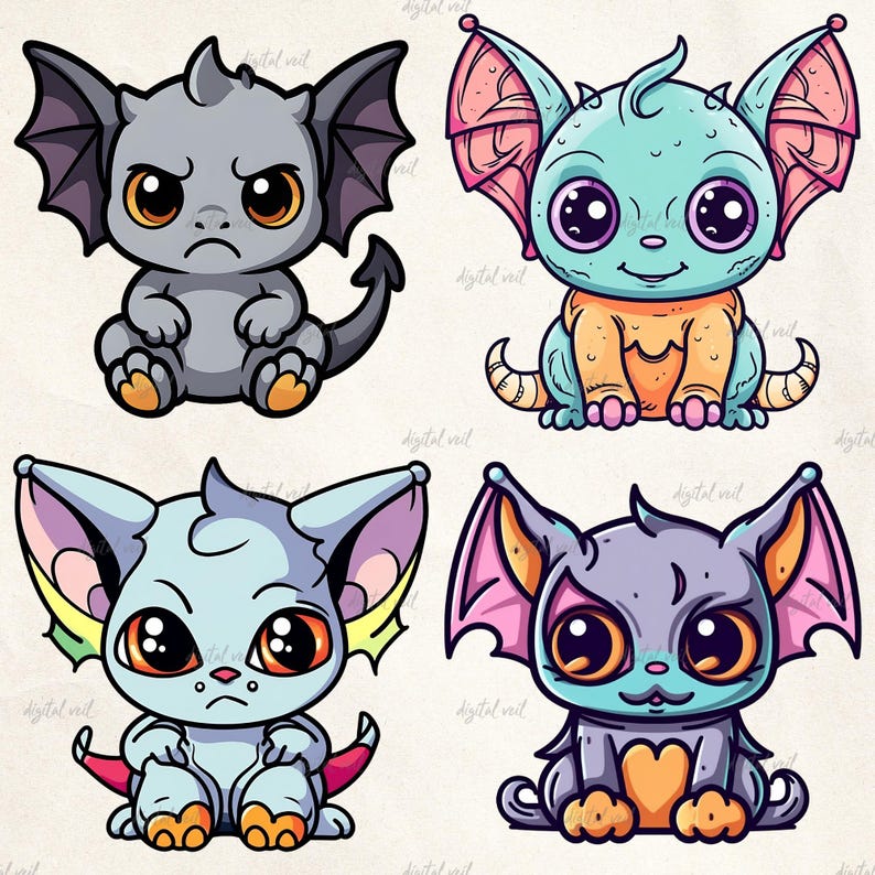 Cute Kawaii Gargoyles Colorful Clipart Images, Kawaii Digital Stickers ...