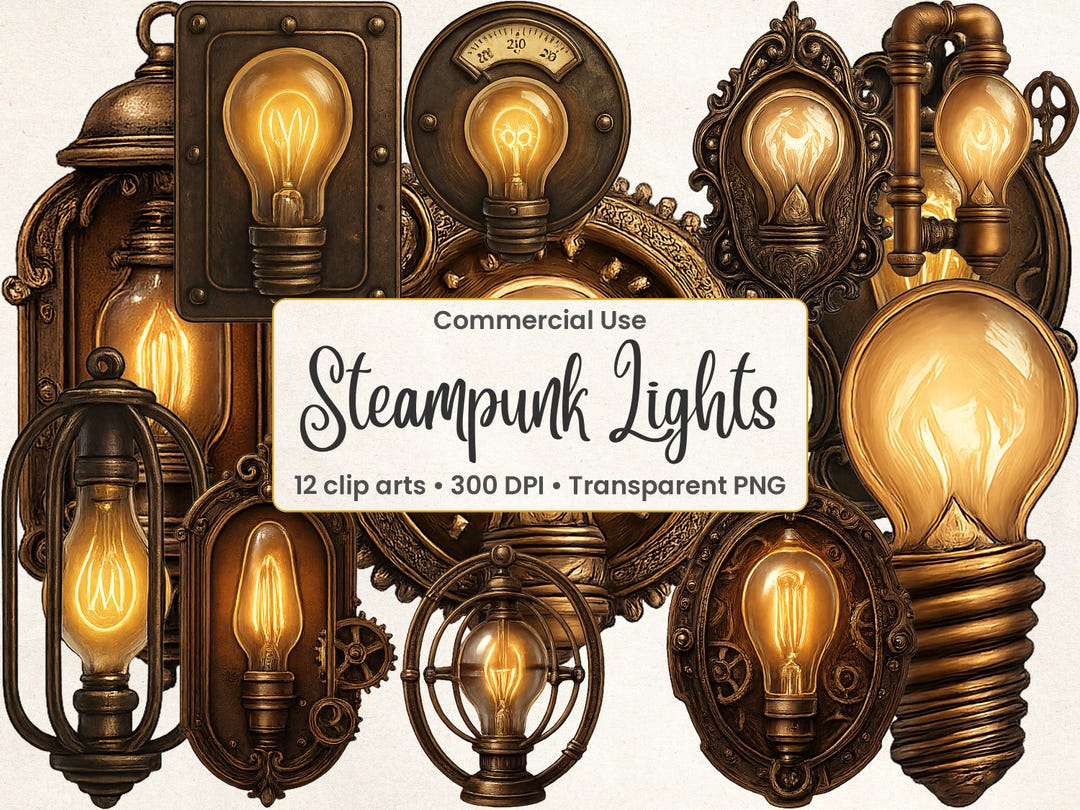 Steampunk Lightbulb Clipart Set: Edison Bulb PNG Graphics (instant ...