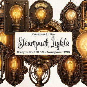 Steampunk Lightbulb Clipart Set: Edison Bulb PNG Graphics (Instant Download)