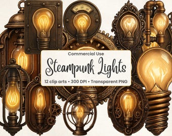 Clipartset Steampunk Lightbulb: Edison Bulb PNG-afbeeldingen (directe download)
