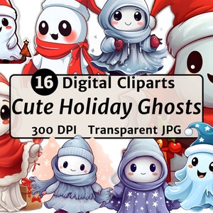 May include: 16 digital clipart images of cute holiday ghosts. The ghosts are wearing winter clothing, such as hats, scarves, and mittens. The ghosts are in various poses, such as standing, sitting, and flying. The images are 300 DPI and transparent JPG.