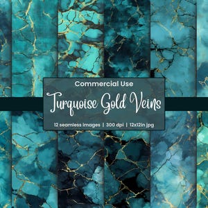 Turquoise Gold Veins Digital Paper, Seamless Marble Textures for Commercial Use, Scrapbook Paper Pack, Teal Gold Backgrounds, Luxury Designs