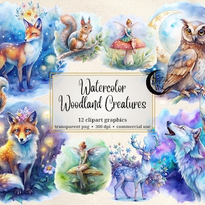 Clipart animaux de la forêt aquarelle créatures de la forêt pépinière Art mural numérique renard hibou cerf fée PNG Fantasy Nature usage Commercial 300 DPI