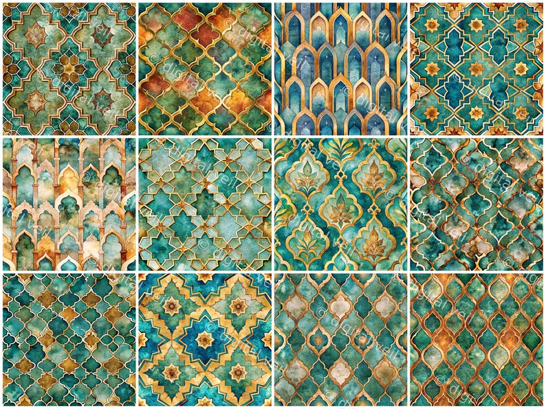 Teal & Gold Moroccan Tile Digital Paper: Seamless Watercolor Patterns ...