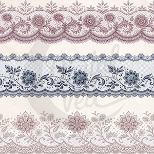 May include: Digital illustration of three decorative lace borders. The top border is a scalloped design in shades of mauve and burgundy, featuring floral and scrollwork details. The middle border is navy blue with floral elements. The bottom border is a light mauve.