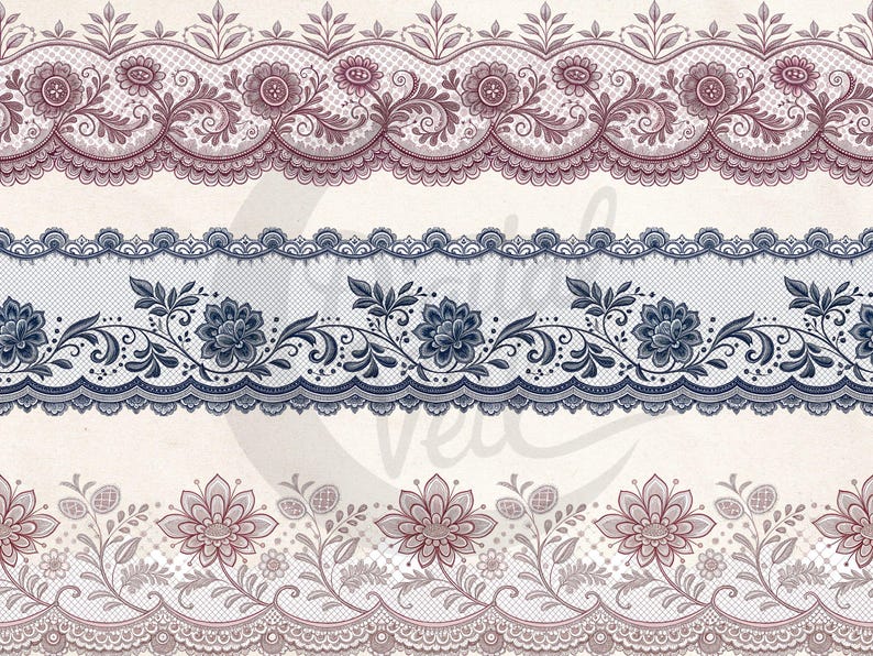 May include: Digital illustration of three decorative lace borders. The top border is a scalloped design in shades of mauve and burgundy, featuring floral and scrollwork details. The middle border is navy blue with floral elements. The bottom border is a light mauve.