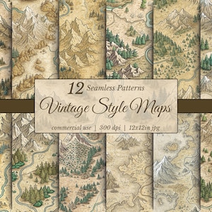 Paquete de papel digital de mapas vintage: 12 patrones sin costuras, estilo RPG de fantasía, textura del Viejo Mundo, descarga instantánea para uso comercial, scrapbooking