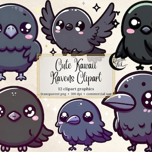 Clipart de cuervos kawaii, alta calidad digital e impresión, 12 cliparts de cuervos, 300 DPI, perfectos para proyectos de arte, álbumes de recortes, diarios basura y más