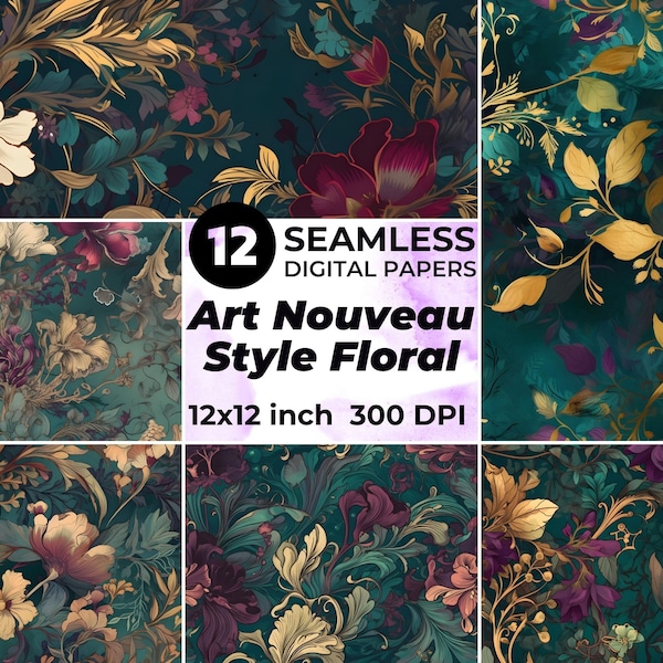 Art Nouveau Floral Pattern - 12x12 inch Seamless Tiled Patterns, Digital Download, Commercial Use, Jewel Tones, Metallic Highlights