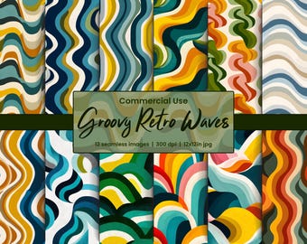 May include: A set of 12 digital paper patterns featuring groovy retro waves in various colors, including blue, green, yellow, orange, and red. The patterns are seamless and can be used for a variety of creative projects.