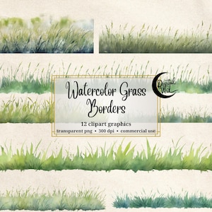 May include: Twelve watercolor grass borders, each with a different style of green grass. The borders are perfect for adding a touch of nature to your designs.  The text on the image reads "Watercolor Grass Borders, 12 clipart graphics, transparent png, 300 dpi, commercial use."