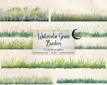 Watercolor Grass Border Clipart: Botanical Page Dividers (PNG Digital Download)