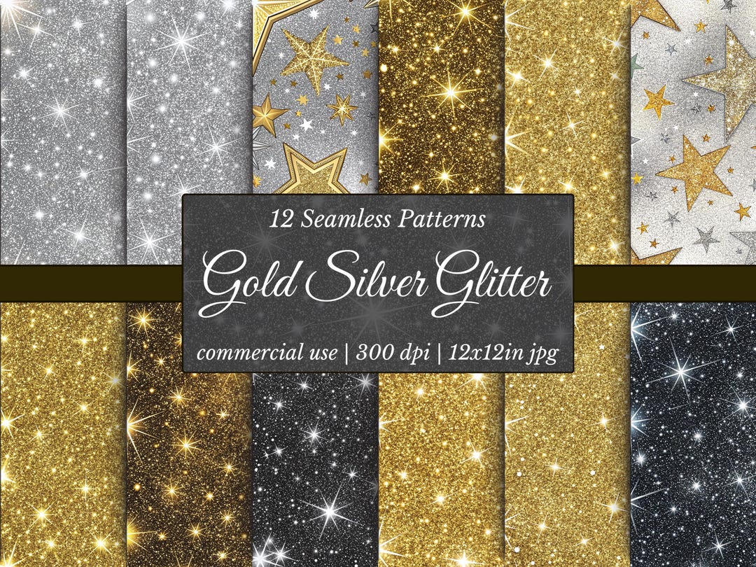 Gold Silver Glitter Digital Paper: 12 Sparkle Backgrounds (commercial ...