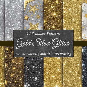 Puede incluir: Una colección de 12 patrones sin costuras con texturas de purpurina dorada y plateada. Algunos patrones incluyen estrellas doradas sobre fondos plateados. La imagen incluye el texto "Gold Silver Glitter" y "12 Seamless Patterns".