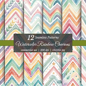 Papel digital con patrones de chevrones arcoíris en acuarela: Zigzag pastel (descarga digital)