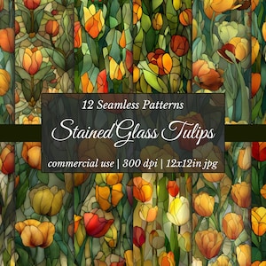 Puede incluir: Obra de arte digital que presenta 12 patrones sin costuras de tulipanes de vidrieras. Los tulipanes son en tonos de naranja, amarillo y rojo, con hojas verdes. La imagen incluye el texto "Stained Glass Tulips" y "commercial use | 300 dpi | 12x12in jpg".