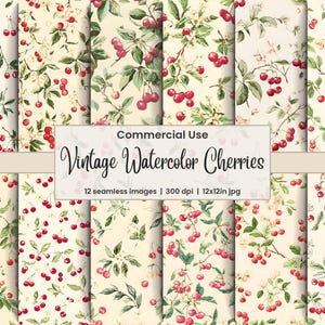 Vintage Kirsche Digital Paper Pack Aquarell Botanische Frucht Nahtlose Muster Set Kommerzielle Nutzung Scrapbook Papier Junk Journal Bastelbedarf