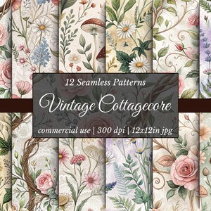 Padrões digitais florais e botânicos sem costura inspirados em Cottagecore vintage | 12 designs JPG | Gráficos de alta resolução de 300 DPI