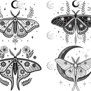 May include: Four black and white illustrations of moths with intricate details. Each moth is surrounded by crescent moons, stars, and floral elements.