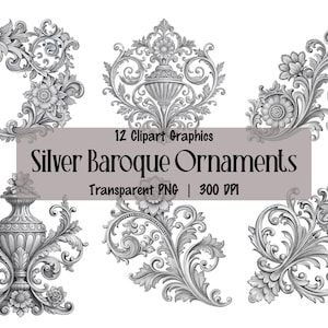 Ornamentos barrocos de prata PNG, clipart rococó vintage, floreio vitoriano, elementos decorativos barrocos, design de pergaminhos antigos