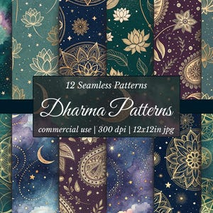Puede incluir: Una colección de 12 patrones sin costuras con diseños celestiales y florales. Los patrones presentan detalles dorados sobre fondos verde azulado, azul marino y morado. El texto "Dharma Patterns" se muestra en una pancarta verde oscuro, junto con otros detalles.