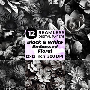 Schwarz-Weiß-Blumen 3D-Prägemuster-Sammlung, 12 nahtlose gekachelte Blumenmuster, 300 DPI Druckqualität, 12x12 Zoll