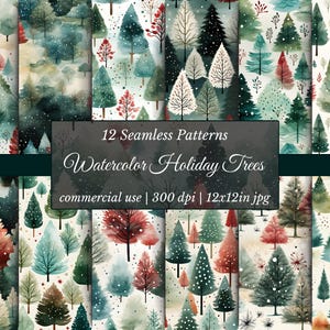 May include: A collection of 12 seamless watercolor patterns featuring holiday trees in various colors, including green, red, and white. The patterns are set against a light background and are suitable for commercial use. The image includes the text "Watercolor Holiday Trees".