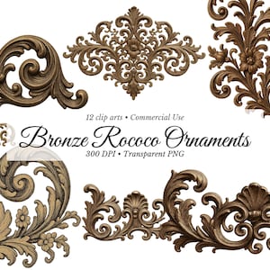 Puede incluir: Una colección de adornos rococó de bronce en varias formas, incluyendo diseños florales y de volutas. La imagen incluye el texto "Bronze Rococo Ornaments" y detalles sobre los clip arts.