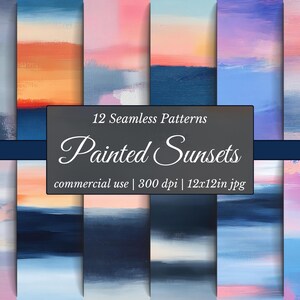 Peut inclure: Ensemble de 12 motifs sans couture avec des designs abstraits de couchers de soleil peints. La palette de couleurs comprend des nuances de bleu, d'orange, de rose et de violet. L'image comprend le texte "Painted Sunsets" et des détails sur l'utilisation commerciale et la taille de l'image.