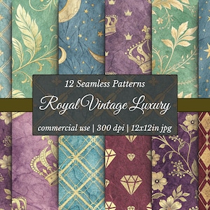 May include: A collection of 12 seamless patterns with a royal vintage luxury theme. The patterns feature gold accents on teal, green, and purple backgrounds. The image includes text that reads "Royal Vintage Luxury".