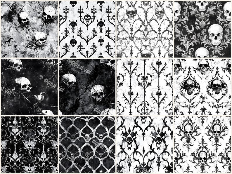 Gothic Skull Damask Digital Paper Seamless Pattern Black White Grunge ...