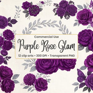 Elegante Lila Silber Floral Clipart PNG Set Gothic Hochzeit Einladung Grafiken Dark Rose Junk Journal Kit Instant Download