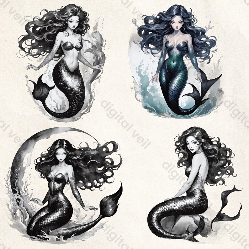 Dark Sirene Clipart: Mystische Meerjungfrau, Aquarell Fantasy & Elegante Meeresgöttinnen (Kommerzielle Nutzung) Bild 2