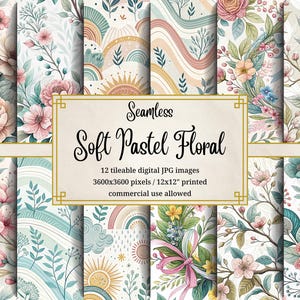 Motivi digitali floreali botanici / Vivaio arcobaleno pastello morbido / Sfondi senza soluzione di continuità con fiori primaverili / Carta da parati a 300 DPI