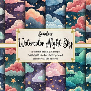 Aquarel nachtelijke hemel wolkenpatroon digitale papier achtergrond hemelse ster plakboek kinderkamer decor planner sticker ontwerp commercieel gebruik