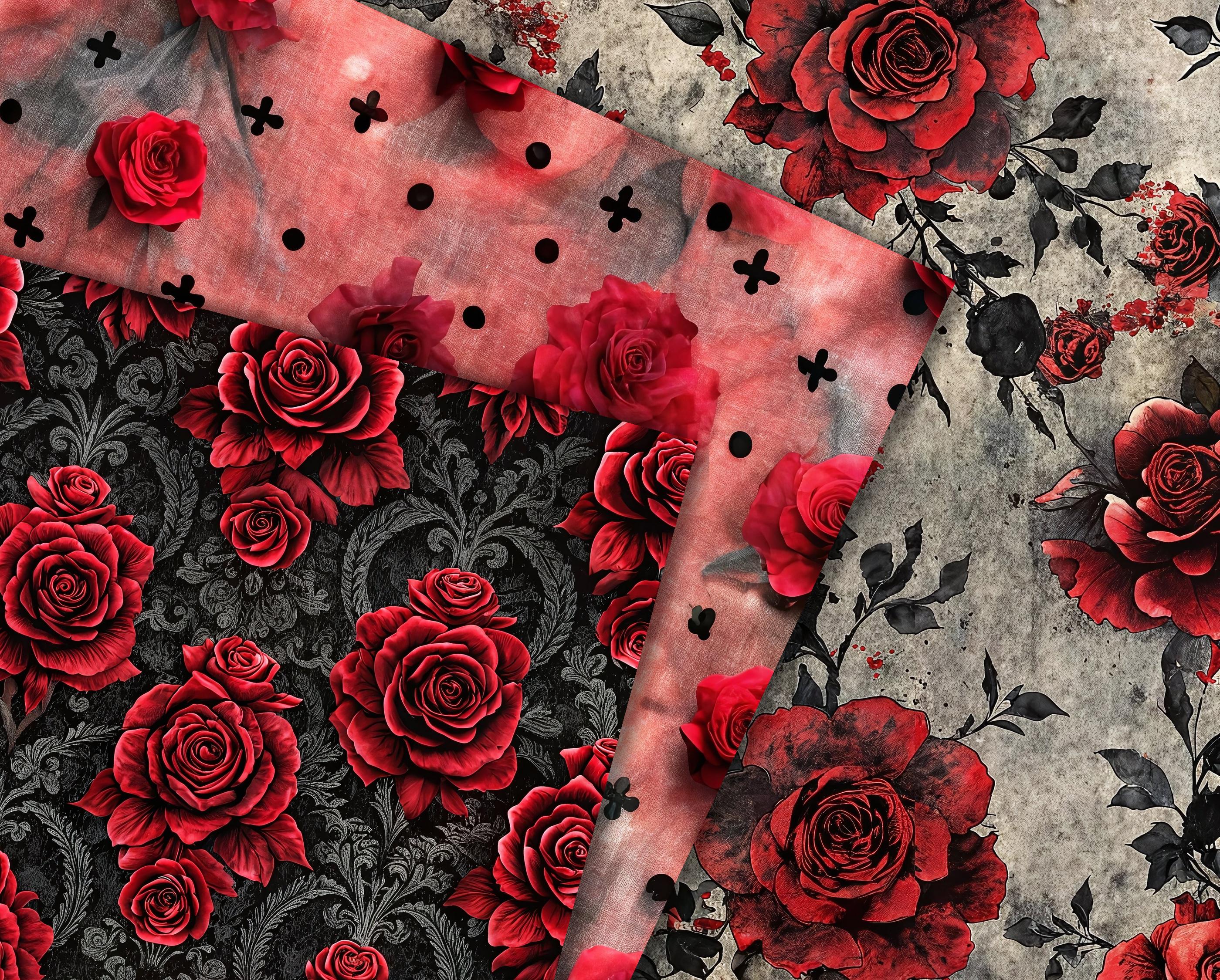 Gothic Rose Damask Seamless Patterns: Dark Red & Black (digital ...