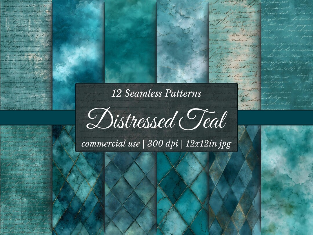 Teal Grunge Digital Paper: Vintage Script, Geometric Patterns (12x12 ...