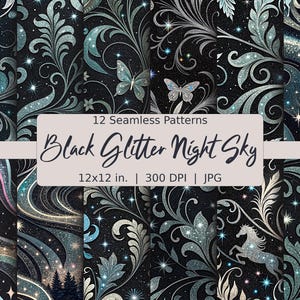 Mystische Nachthimmel Muster Bundle, Himmlische Schmetterling nahtlose Hintergründe, dunkel Teal Silber Glitzer Texturen, Gothic Fantasy Papier