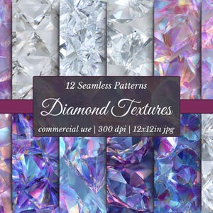Könnte beinhalten: Digitales Kunstbild mit 12 nahtlosen Diamantmustern in verschiedenen Farben, darunter Silber, Lila und Blau. Das Bild enthält den Text "Diamond Textures" und "commercial use | 300 dpi | 30.48cm x 30.48cm jpg".