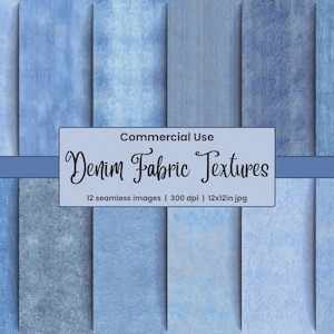 Pode incluir: Doze texturas de tecido jeans sem costura em vários tons de azul. Cada textura mede 12x12 polegadas e 300 dpi. Uso comercial.