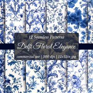 Könnte beinhalten: Zwölf nahtlose Muster mit blauen floralen Designs auf weißem Hintergrund. Die Muster zeigen verschiedene Blumenarrangements und Blätter. Das Bild enthält den Text "12 Seamless Patterns Delft Floral Elegance commercial use | 300 dpi | 30x30cm jpg."