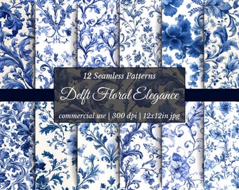 May include: Twelve seamless patterns with blue floral designs on a white background. The patterns feature various floral arrangements and foliage. The image includes the text "12 Seamless Patterns Delft Floral Elegance commercial use | 300 dpi | 12x12in jpg."