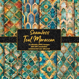 Marokkaans patroon aquarel digitaal papier groenblauw gouden Arabische tegel naadloze achtergrond voor scrapbooking Commercieel gebruik